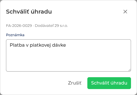 Dialóg Schváliť úhradu